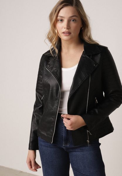 Czarna Klasyczna Kurtka Ramoneska w Motocyklowym Stylu Kelmi. Czarne kurtki damskie Born2be, l, bez wzorów, z jeansu, bez kaptura. Za 119.99 zł.