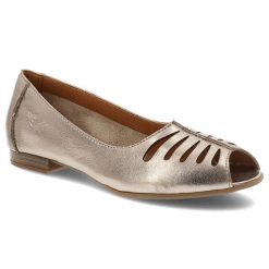 Baleriny damskie Maciejka, cholewka skóra naturalna metaliczny połysk ażurowe wycięcia odkryty nosek wsuwany fason, miedziane, P7541-32/00-1. Żółte baleriny damskie Maciejka, w ażurowe wzory, ze skóry, bez obcasa. Za 209.00 zł.