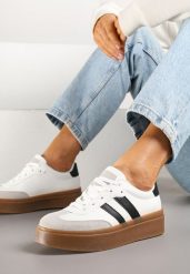 Biało-Czarne Klasyczne Sneakersy Tenisówki na Niskiej Platformie Denirla. Białe trampki i tenisówki damskie Renee, bez wzorów, z jeansu. Za 79.99 zł.