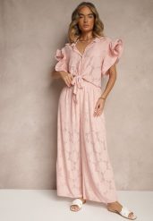 Różowy Komplet Ażurowy Bluzka o Koszulowym Kroju i Spodnie z Szeroką Nogawką Linaniria. Czerwone spodnie materiałowe damskie Renee, w ażurowe wzory, eleganckie. Za 139.99 zł.