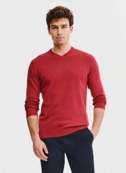 PAKO LORENTE – Czerwony męski sweter w serek. Czerwone swetry męskie Pako Lorente, na wiosnę, m, bez wzorów, z bawełny, bez kołnierzyka. Za 199.99 zł.