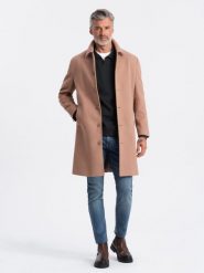 Jednorzędowy męski długi płaszcz z kołnierzykiem i podpinką – brązowy V2 OM-COWC-0106 - XXL. Brązowe płaszcze męskie Ombre Clothing, l, bez wzorów, z materiału, eleganckie. Za 365.99 zł.