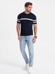 Koszulka męska polo z miękkiej dzianiny z kontrastowymi pasami - granatowa V2 OM-POSS-0118 - XXL. Niebieskie koszulki polo męskie Ombre Clothing, l, bez wzorów, z dzianiny, bez ramiączek. W wyprzedaży za 89.99 zł.