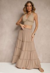 Beżowa Rozkloszowana Spódnica z Gumką w Talii Zdobiona Falbanami Dovinelle. Brązowe spódniczki damskie Renee, l, z aplikacjami, eleganckie, maxi, rozkloszowane. Za 44.99 zł.