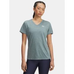 Koszulka fitness damska Under Armour V-Neck krótki rękaw. Niebieskie topy sportowe damskie Under Armour, bez wzorów, bez ramiączek. Za 139.99 zł.