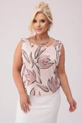 Beżowy satynowy top Sophia z motywem kwiatów PLUS SIZE XXL OVERSIZE WIOSNA. Brązowe topy damskie Moda Size Plus Iwanek, l, bez wzorów, z elastanu, bez kołnierzyka. W wyprzedaży za 79.90 zł.