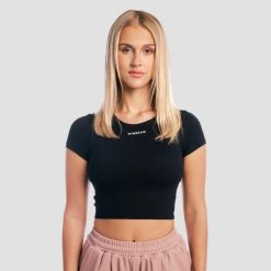 Koszulka damska do jogi z biustonoszem czarna Aura. Czarne bluzki sportowe damskie GYMBEAM, xl, bez wzorów, z elastanu, bez ramiączek. Za 85.90 zł.