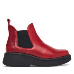 Sztyblety Fly London. Czerwone botki damskie Fly London, bez obcasa, na płaskiej podeszwie, bez zapięcia. Za 639.99 zł.