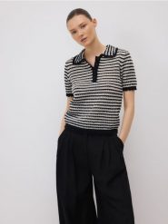Ażurowy sweter polo - wielobarwny. Swetry klasyczne damskie Reserved, l, z bawełny, bez kołnierzyka. W wyprzedaży za 59.99 zł.