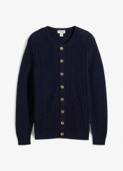 Sweter rozpinany w ludowym stylu, z miękkiej mieszanki bawełny. Niebieskie kardigany męskie bonprix, m, bez wzorów, z bawełny, bez kołnierzyka. Za 129.99 zł.