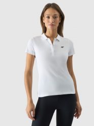 4F Koszulka polo slim damska - biała XL. Białe bluzki damskie 4f, xl, bez wzorów, z bawełny, klasyczne, bez kołnierzyka, bez ramiączek. W wyprzedaży za 59.99 zł.