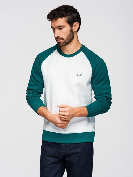 Bluza męska kontrastowa z reglanowym rękawem - kremowo-ciemnozielona V1. Białe bluzy bez kaptura męskie Ombre Clothing, m, z bawełny. W wyprzedaży za 118.99 zł.