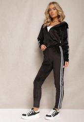 Czarny 2-Częściowy Komplet Dresowy z Weluru z Ozdobnymi Lampasami Bluza i Spodnie Anelpe. Czarne bluzy bez kaptura damskie Renee, m, z dresówki. Za 79.99 zł.