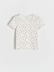 Wzorzysty t-shirt - złamana biel. Koszulki dziewczęce Reserved, bez wzorów, z bawełny, bez ramiączek. W wyprzedaży za 12.99 zł.