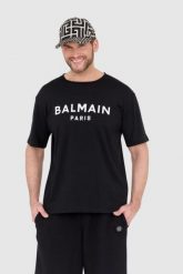 BALMAIN Czarny t-shirt męski z drukowanym białym logo. Czarne t-shirty męskie Balmain, l, bez wzorów, bez kołnierzyka. W wyprzedaży za 999.99 zł.