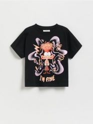 T-shirt z nadrukiem Inside Out - czarny. Czarne koszulki dziewczęce Reserved, bez wzorów, z bawełny, bez ramiączek. Za 39.99 zł.
