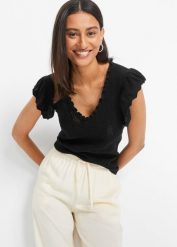 Koszulka z miękkiej, lejącej mieszanki wiskozy. Czarne t-shirty damskie bonprix, bez wzorów, z dzianiny, bez kołnierzyka. Za 84.99 zł.