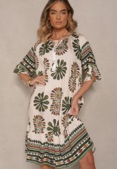 Ciemnozielona Pudełkowa Sukienka z Wiskozy w Abstrakcyjny Wzór Revirelle. Zielone sukienki damskie Renee, na spotkanie biznesowe, na lato, l, bez wzorów, z materiału, eleganckie, bez kołnierzyka, bez ramiączek, midi. W wyprzedaży za 52.49 zł.