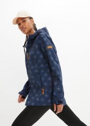 Kurtka softshell w kwiaty, z materiału odpychającego wodę. Niebieskie kurtki damskie bonprix, bez wzorów, z softshellu, bez kaptura. Za 229.99 zł.