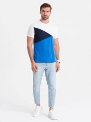 T-shirt męski trójkolorowy bawełniany - biało-niebieski V4 OM-TSCT-0174 - XXL. Niebieskie t-shirty męskie Ombre Clothing, l, bez wzorów, z bawełny, bez kołnierzyka. W wyprzedaży za 29.99 zł.