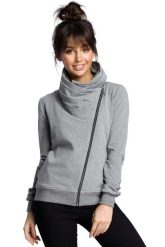 Sportowa Bluza Zapinana na Ukośny Zamek - Szara. Szare bluzy bez kaptura damskie MOE, l, z bawełny. Za 273.90 zł.