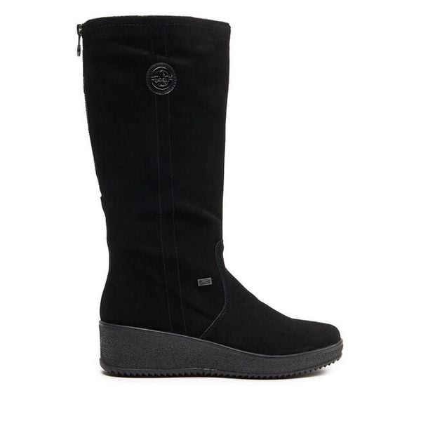 Kozaki Rieker. Czarne kozaki damskie Rieker, bez obcasa, na koturnie. Za 449.99 zł.