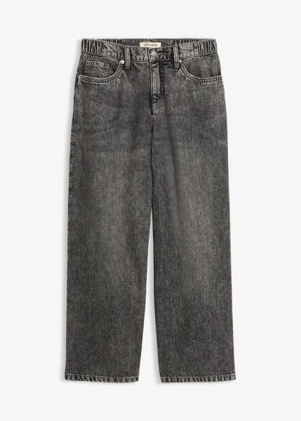 Jeansy o kroju baggy mid waist, super soft, cropped. Szare jeansy damskie bonprix. Za 74.99 zł.