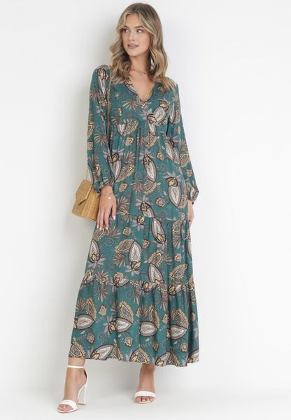 Zielona Sukienka Anastolea. Zielone sukienki damskie Born2be, l, z aplikacjami, boho, bez kołnierzyka, bez ramiączek, maxi, kopertowe. Za 119.99 zł.