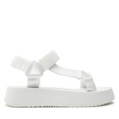 Sandały Calvin Klein Jeans. Białe sandały damskie Calvin Klein Jeans, bez wzorów, z jeansu, bez obcasa, na płaskiej podeszwie. Za 209.99 zł.
