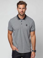 Melanżowa koszulka męska polo z kołnierzykiem w paski – czarna V1 OM-POSS-0109 - XL. Czarne koszulki polo męskie Ombre Clothing, m, z aplikacjami, z bawełny, bez ramiączek. W wyprzedaży za 39.99 zł.