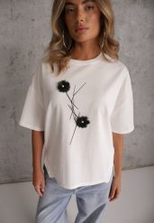 Biały Wiskozowy T-shirt Ozdobiony Kwiatami i Perełkami Muvine. Białe t-shirty damskie Renee, l, z aplikacjami, z jeansu, bez kołnierzyka. Za 79.99 zł.