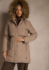 Ciemnobeżowa Klasyczna Kurtka Parka z Kapturem z Futrem Nalisava. Brązowe kurtki damskie Renee, l, bez wzorów, z dzianiny. Za 319.99 zł.