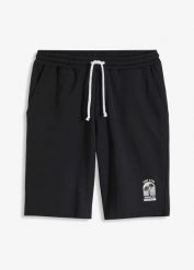 Bermudy dresowe z brzegami bez obszycia, z bawełny organicznej, Loose Fit. Czarne szorty męskie bonprix, bez wzorów, z bawełny. Za 77.99 zł.