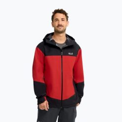Kurtka przeciwdeszczowa męska Jack Wolfskin Rockpaw 3L. Czerwone kurtki męskie Jack Wolfskin, l, bez wzorów, z materiału, bez kaptura. Za 1,081.75 zł.