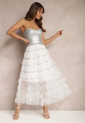 Biała Rozkloszowana Spódnica Maxi z Falbankami i Cekinami Noobi. Białe spódniczki damskie Renee, m, bez wzorów, z materiału, eleganckie, maxi, rozkloszowane. Za 89.99 zł.