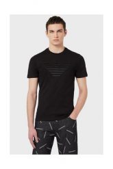 EMPORIO ARMANI T-shirt męski, czarny wyszywane logo. Czarne t-shirty męskie Emporio Armani, m, bez wzorów, z bawełny, bez kołnierzyka. W wyprzedaży za 329.99 zł.