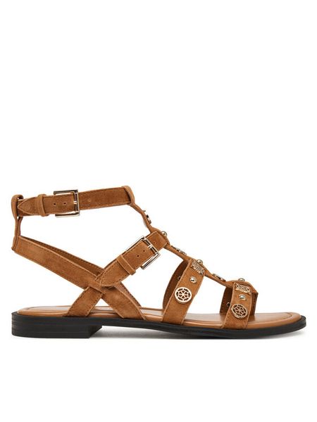 Guess Sandały FLJY2Z SUE03 Brązowy. Brązowe sandały damskie Guess, z aplikacjami, ze skóry, bez obcasa, na płaskiej podeszwie. Za 549.99 zł.