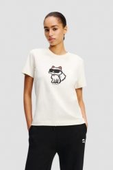 KARL LAGERFELD Beżowy damski t-shirt Ikon Sketch Choupette, Rozmiar S. Brązowe t-shirty damskie Karl Lagerfeld, s, bez wzorów, bez kołnierzyka. W wyprzedaży za 209.99 zł.