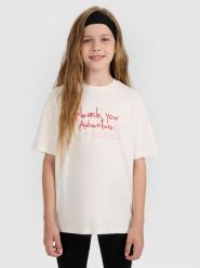 4F T-shirt regular z nadrukiem dziewczęcy - biały 128 (7-8 lat). Białe koszulki dziewczęce 4f, m, bez wzorów, z bawełny, bez ramiączek. W wyprzedaży za 39.99 zł.
