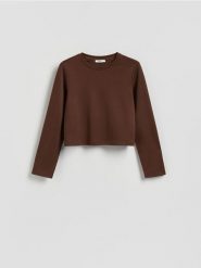 Gładka bluza z wiskozą - ciemnobrązowy. Brązowe bluzy bez kaptura damskie Reserved, l, z dzianiny. W wyprzedaży za 49.99 zł.