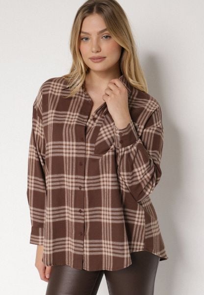 Brązowa Bawełniana Koszula w Kratę Monittia. Brązowe koszule damskie Born2be, m, bez wzorów, z bawełny, eleganckie, bez kołnierzyka, bez ramiączek. Za 119.99 zł.