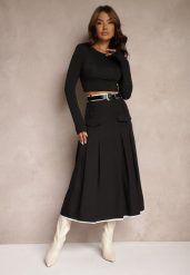 Czarna Spódnica High Waist z Plisami Wykończona Imitacją Kieszeni i Paskiem Evilenes. Czarne spódniczki damskie Renee, l, bez wzorów, biznesowe, z podwyższonym stanem, midi, dopasowane. Za 89.99 zł.