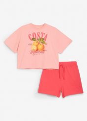 Komplet z bawełny organicznej: T-shirt i krótkie spodenki (2 części). Czerwone koszulki dziewczęce bonprix, bez wzorów, z bawełny, bez ramiączek. Za 64.99 zł.