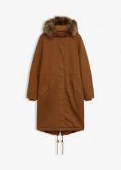 Długa, ocieplana parka. Brązowe parki damskie bonprix, bez wzorów. Za 319.99 zł.