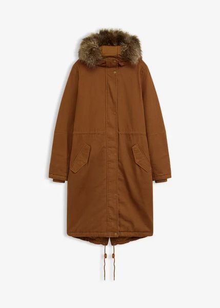 Długa, ocieplana parka. Brązowe parki damskie bonprix, bez wzorów. Za 319.99 zł.