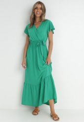 Zielona Sukienka Diomeira. Zielone sukienki damskie Born2be, l, bez wzorów, z tkaniny, eleganckie, bez kołnierzyka, bez ramiączek, maxi, kopertowe. Za 79.99 zł.