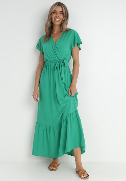 Zielona Sukienka Diomeira. Zielone sukienki damskie Born2be, l, bez wzorów, z tkaniny, eleganckie, bez kołnierzyka, bez ramiączek, maxi, kopertowe. Za 79.99 zł.