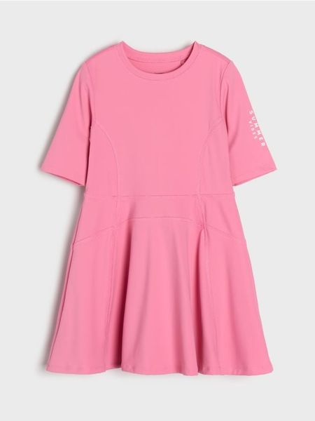 Sukienka ze sportowej dzianiny z ochroną przeciwsłoneczną UPF50+ - różowy. Czerwone sukienki dziewczęce Sinsay, bez wzorów, z dzianiny, sportowe, bez ramiączek. Za 29.99 zł.