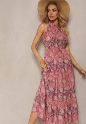 Fioletowo-Różowa Sukienka w Stylu Boho Bez Rękawów z Gumką w Pasie i Wiązaniem przy Dekolcie Yisa. Fioletowe sukienki damskie Renee, na imprezę, na lato, m, bez wzorów, z materiału, boho, bez kołnierzyka, bez ramiączek, maxi. W wyprzedaży za 79.99 zł.
