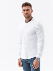 Koszula męska dzianinowa z długim rękawem - biała V1 - Rozmiar: XL. Białe koszule męskie Ombre Clothing, m, bez wzorów, z dzianiny, bez kołnierzyka, bez ramiączek. W wyprzedaży za 39.99 zł.